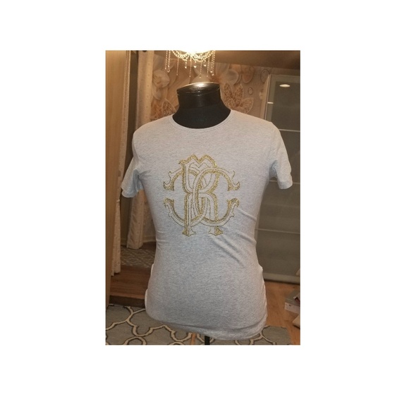 Cavalli grey cotton T-shirt gold embroidery logo L